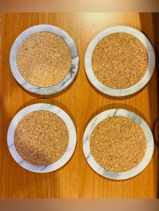 Set of 4 Marble & Cork Drink Coasters Absorbent, Non-Slip, Unique Stone Patterns