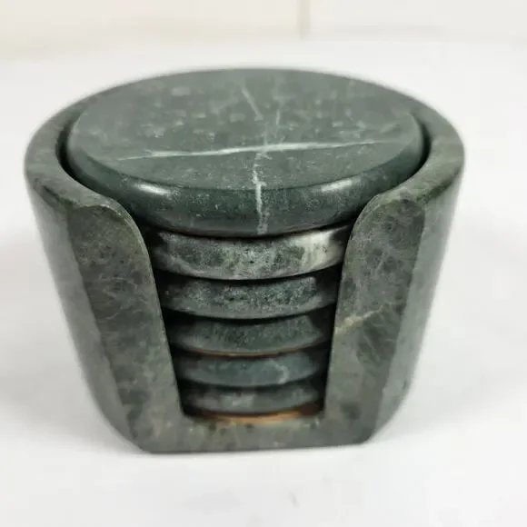 Vintage Studio Nova Green Jade Marble Coasters & Holder Set of 6 Cork Bottom