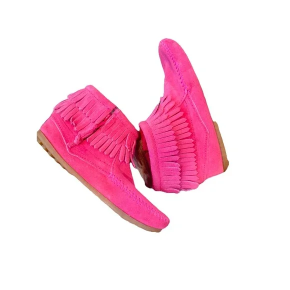 Minnetonka Pink Double Fringe Leather Ankle Boot Girl's Size 2 New w/o Box‎