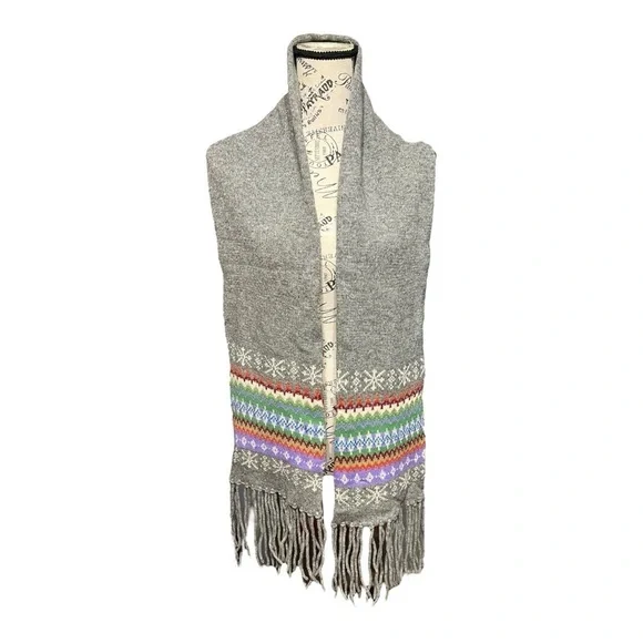 Steve & Barry’s Gray Nordic Fringe Knit Scarf 65” Lambswool Blend