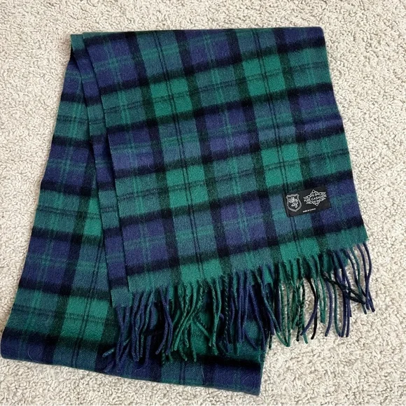 Men's NAVY BLUE & GREEN Tartan PLAID 100% PURE CASHMERE Fringe SCARF