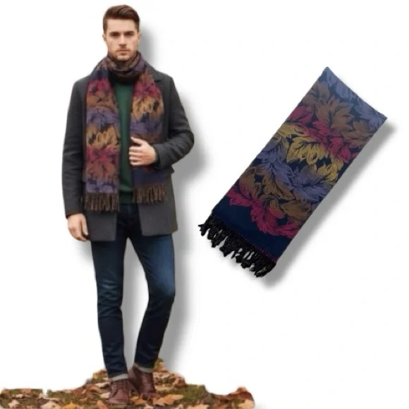 Scarf Boho Nice and Soft Leaf Print with Fringe in Beautiful Fall Colors OS
