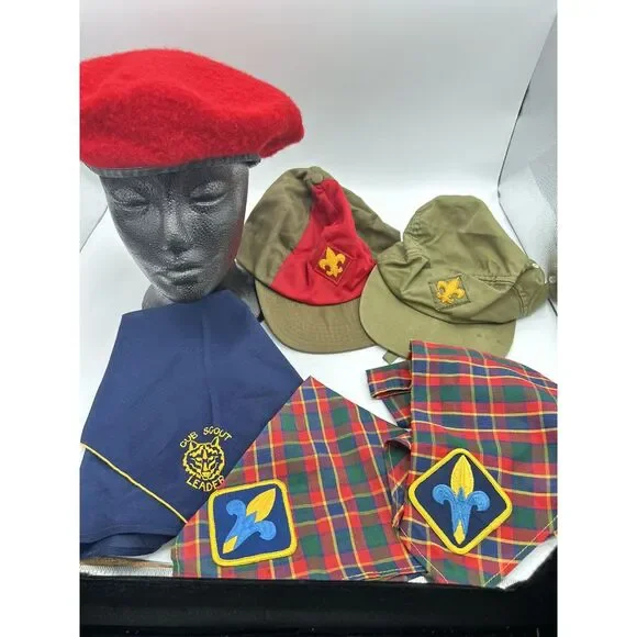BSA Webelos Plaid Scout Leader Neckerchief Scarf 2 hats and Beret Vintage Lot‎