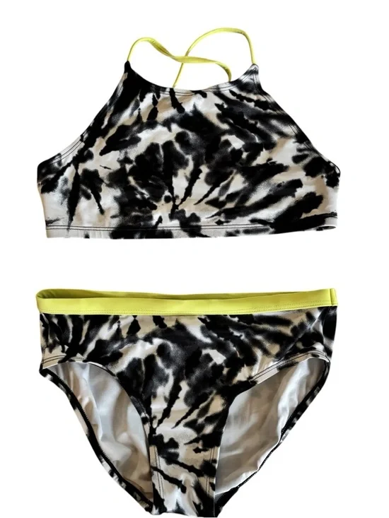 Justice Black & White Tie-Dye Bikini with Yellow Trim