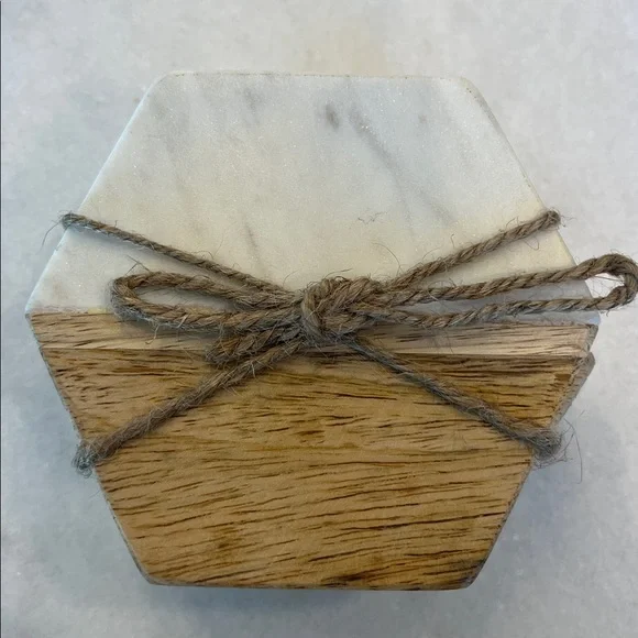 Marble and Wood Coasters Hexagon Set of 4 NWT