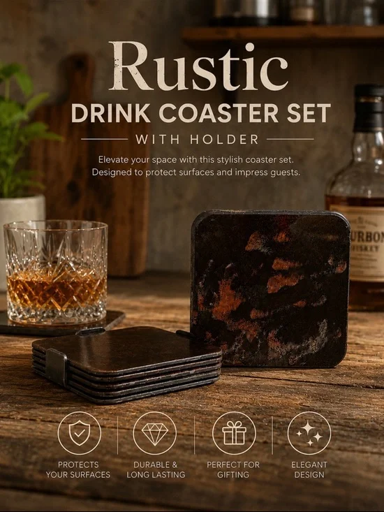 Rustic Drink Coaster Set - Dark Brown & Black
