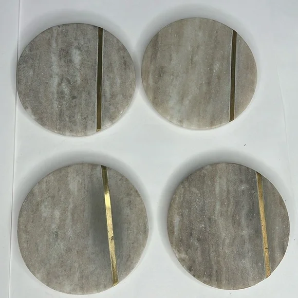 Set of Four Marble Coasters with Brass Gold Stripe 4”