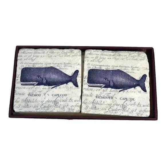 Vintage Set Whale Cape Cod Falmouth Screencraft Tileworks Marble Beach Coasters