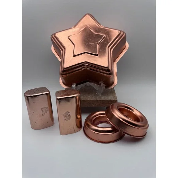 Vintage Copper Toned Kitchen Decor Salt and Pepper Shakers and Gelatin Molds