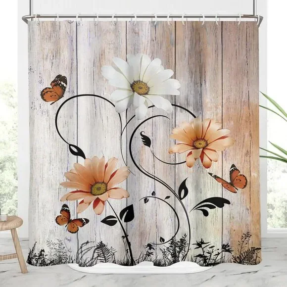Set with 12 Hooks, 60x72 Inch, Floral Shower Curtain - Rustic Daisy & Butterfly