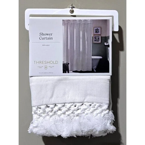 Threshold Light Gray & Crochet Top Trim Shower Curtain 100% Cotton & 72