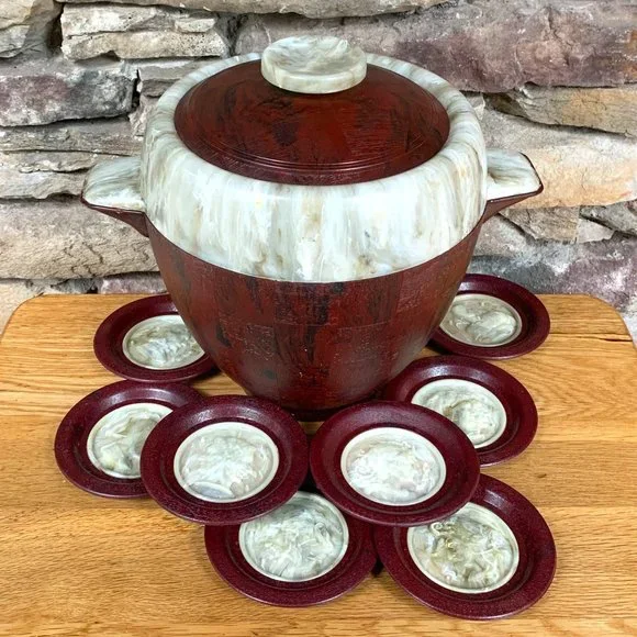 VTG Ice Bucket Mid Century Coasters Faux Wood & Marble MCM 50s Barware Bar Cart