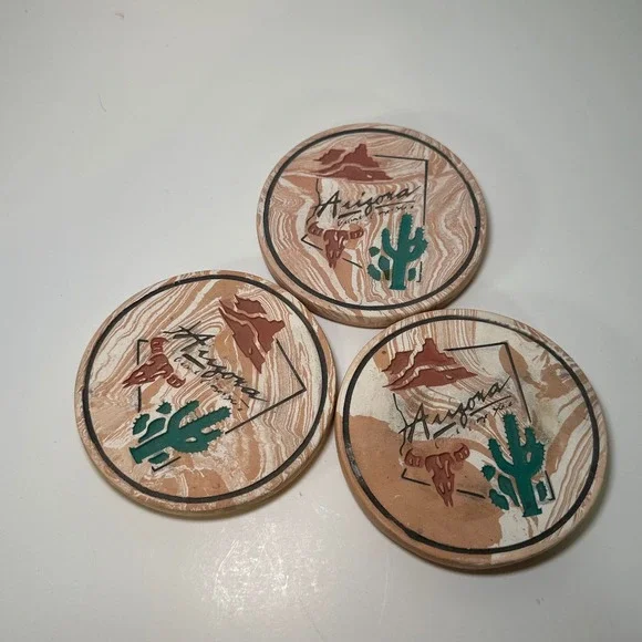 Vintage Arizona Souvenir Stone Coasters Set of 3 Cactus Steer Skull Cork Back