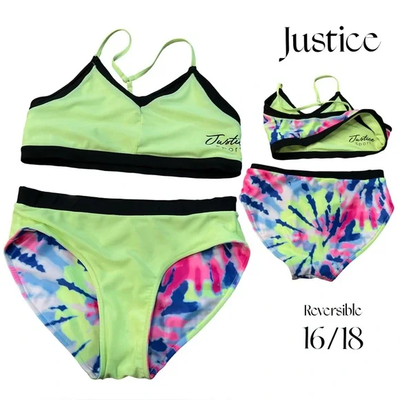 Justice Reversible Bikini Set Girls 16/18 Neon Green Tie Dye Swim EUC
