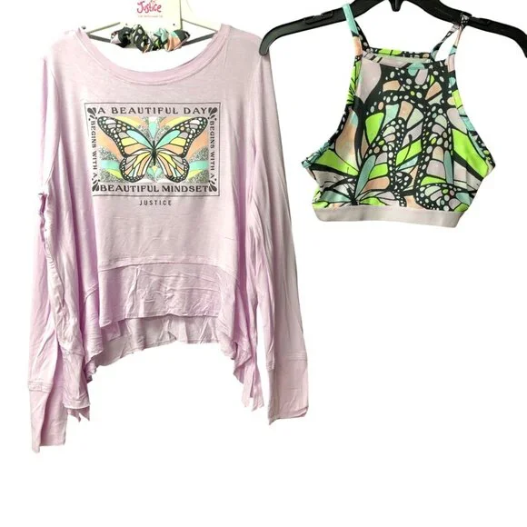 Justice Girls Collection X Long Sleeve 2-Fer‎ Swing w/ hair tie Shirt 12-14 NWT
