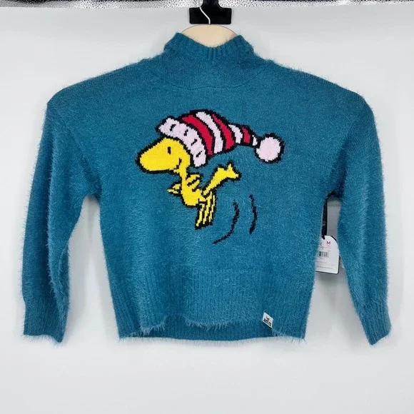 Justice Woodstock Peanuts Hoodie Sweater Kids Medium 10 Sea Blue Fuzzy Holiday