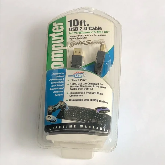 Computer 10ft USB 2.0 Cable - Black for PC Windows & Mac OS.