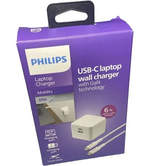 Philips 67.5W GaN USB-C PD Wall Charger + 6ft Cable, Dual Port, BOX WEAR See Pic