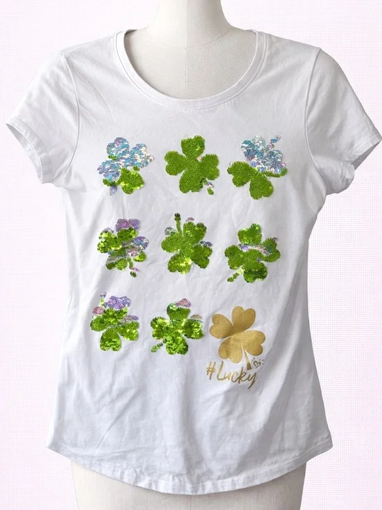 Justice White Tee with 4 leaf clover Detail size girls 14-16