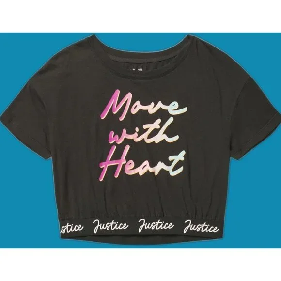 JUSTICE Dance Gymnastics Crop Move With Heart Black Shirt GIRLS SIZE XS 5-6 NEW