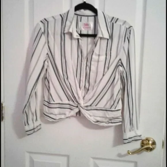 Justice White & Gray Striped Crossed Long Sleeve Teen Blouse