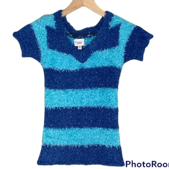 Justice Girls fuzzy shirt V-neck Size 8 Blue Stripes So Soft