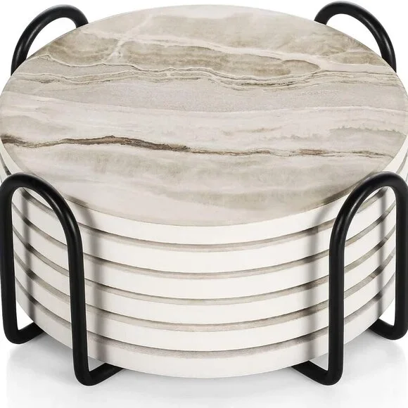Elegant Set of 6 Black Marble Ceramic Drink Coasters with Holder for Home Decor