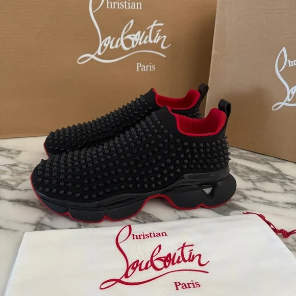 Christian Louboutin 1190270 Men's Black Spike-Sock Flat Neoprene,‎ sizes