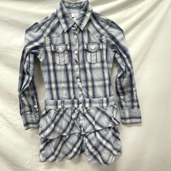 Justice Blue & White Plaid Double Ruffle Shirt Dress Girls Size 7