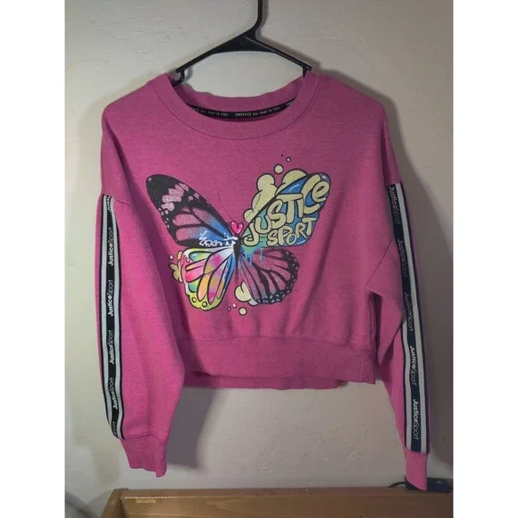 Justice Sport Girls Pink Butterfly Semi Crop Sweatshirt L (12-14)
