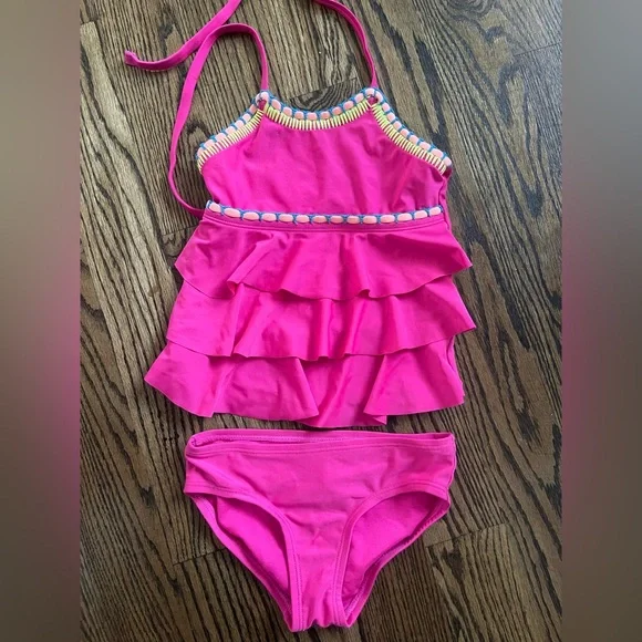 Justice pink two piece ruffle swimsuit bathing suit 7
