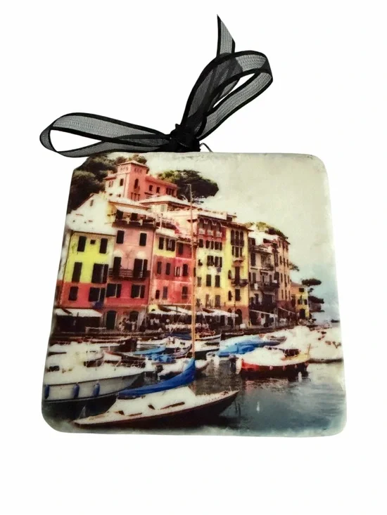 MollyCoddle Tumbled Marble Coaster Cork Back Italy Harbor Scene Ribbon