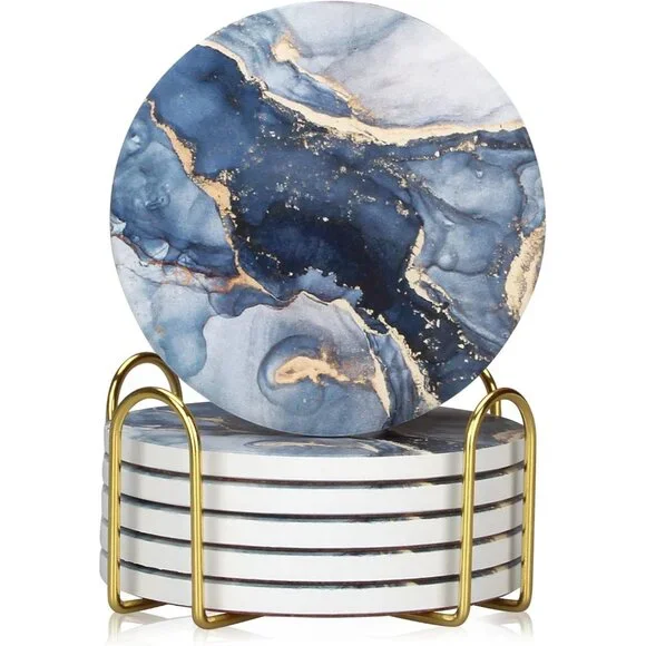 Navy Blue Marble Coasters Set of 6 with Gold Holder - Absorbent & Stylish Decor