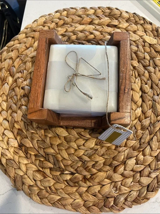 Source Unknown White Marble Coaster Set with Wooden Holder