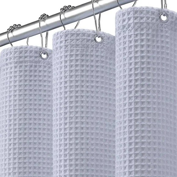 XOGUIBO Waffle Weave Shower Curtain Light Blue Cotton Blend Matte Spa Style