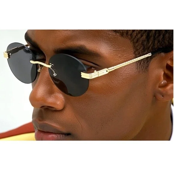 Rimless‎ Sunglasses Oval Lens Gold Frame Fashion Trendy Style Street Wear Migos