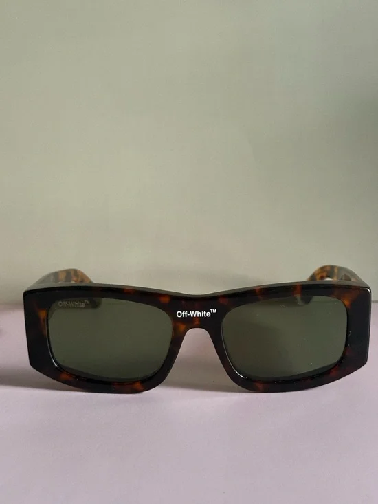 Off-White Rectangular Tortoiseshell Sunglasses with Green Lenses