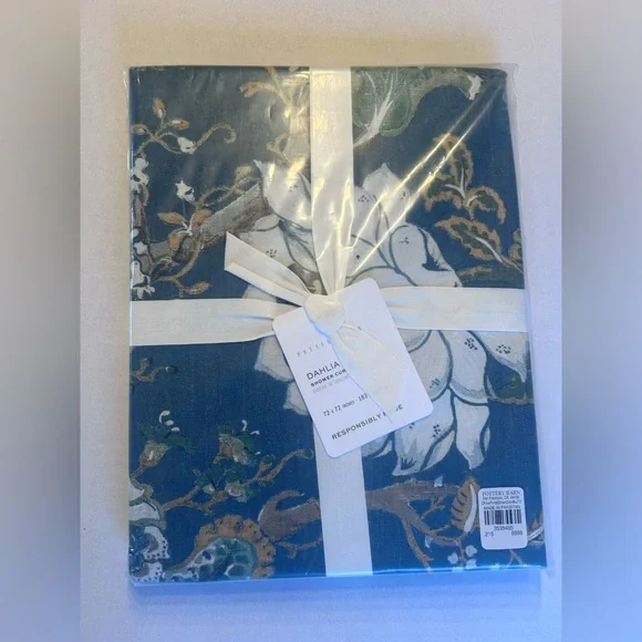 NWT Pottery Barn DAHLIA Floral Dark Blue Cotton Shower Curtain