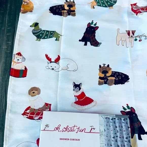 Christmas Dog Print Holiday Christmas Fabric Shower Curtain