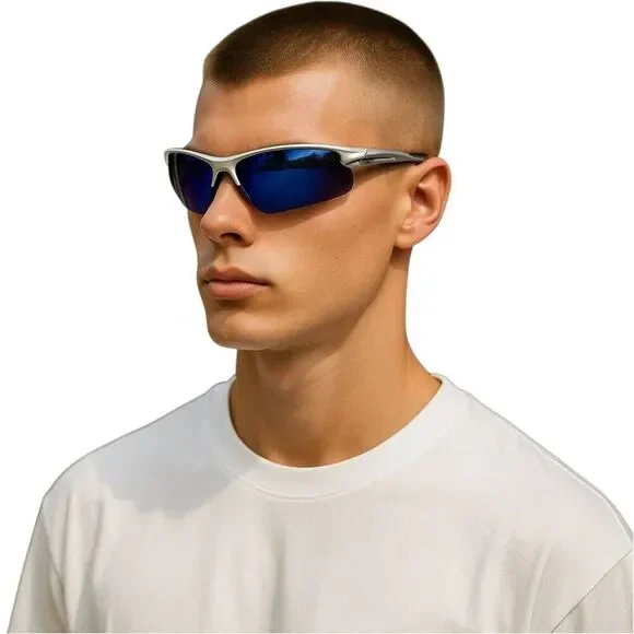 JiMarti Polarized Sunglasses Silver Blue Golf Fishing Cycling Unbreakable Frame