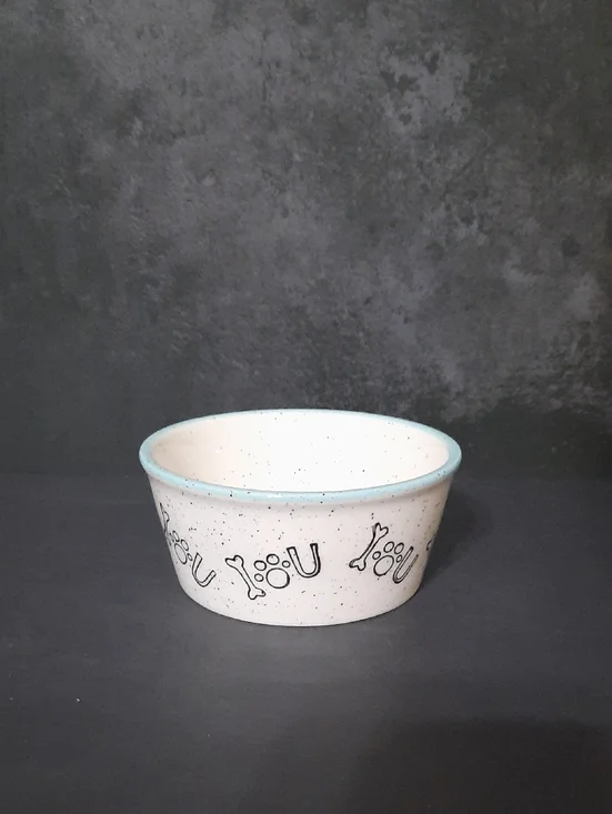 Pacifica White Speckled Ceramic Pet Bowl with Light Blue Rim