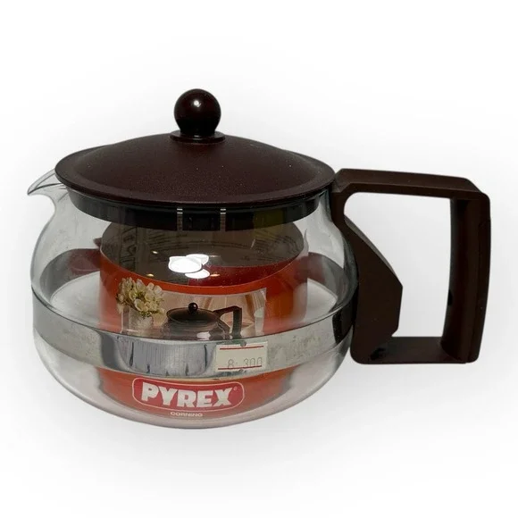 VTG NOS Pyrex Glass Tea Pot 1.2L #771 Brown Plastic Lid & Handle France 1980s
