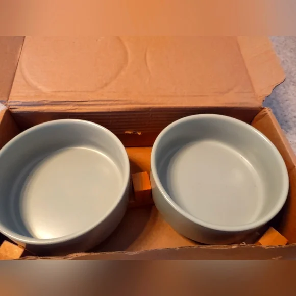 Never Used Gray Food & Water Bowls with Wooden Stand