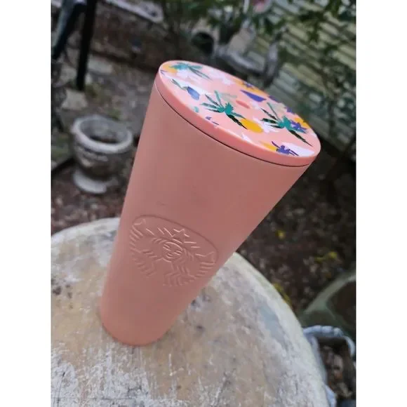 Starbucks Summer Coral Tumbler TROPICAL PALM TREE LID Cold‎ Cup 24oz Venti