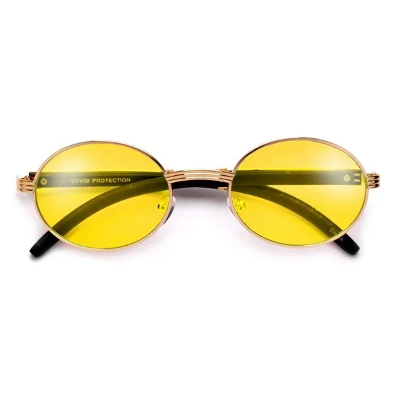 Oval‎ Sunglasses Gold Frame Yellow Lens UV400 Protection Men Classic Hip Hop New
