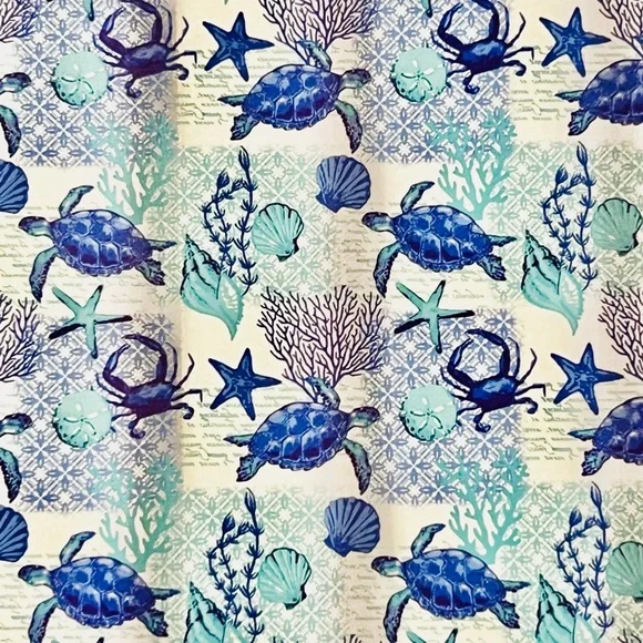 Blue Cora Ocean Fabric Shower Curtain Turtles Crab Starfish Shells Corral Plants
