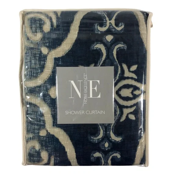 NOBLE EXCELLENCE Medallion Blue Beige Shower Curtain NWT