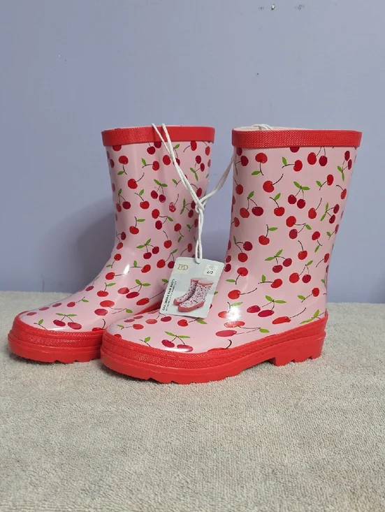 Kids Cherry Print Pink Rain Boots with Red Trim