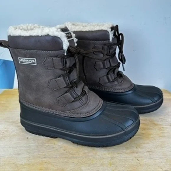 London Fog Cheshire Duck Boots Kids Size 1 Brown Black Faux Fur Trim Winter Snow