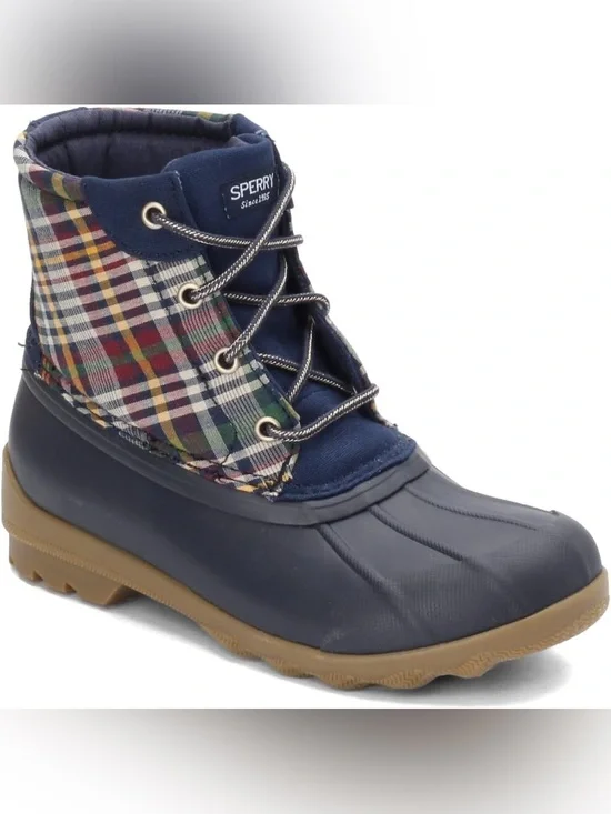 Sperry Port Boot Duck Boot Navy Blue Plaid size 1 Waterproof Lace Up